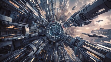 A highly detailed futuristic cityscape with skyscrapers and flying vehicles suggesting a cyberpunk aesthetic