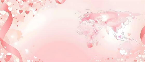 Delicate Global Breast Cancer Awareness Doodle Background with Pink Hearts and Ribbons Scattered Across World Map