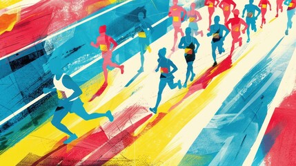An illustration of marathon runners reaching the finish line, filled with vibrant colors and emotions, with plenty of space for text