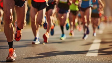 A detailed image of a marathon race, with runners nearing the finish line and expressions of determination, leaving space for copy