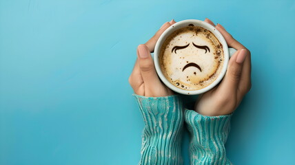 Closeup woman hands holding coffee cup with sad face drawn on coffee isolated on blue background
