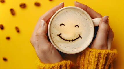 Closeup woman hands holding coffee cup with smile face drawn on coffee isolated on yellow background
