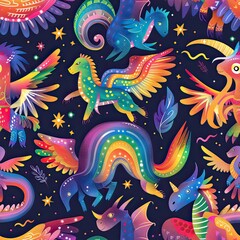 Fantasy creatures with rainbow wings, seamless pattern, illustration, vibrant fantasy colors, celebrating LGBTQ pride in a magical setting