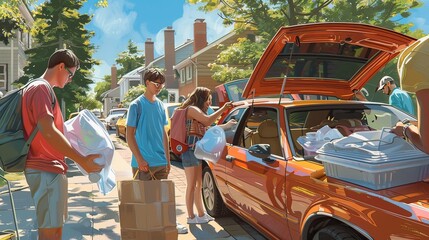First-year students packing supplies into cars with parents' help, bright sunny day, photo-realistic, nostalgic