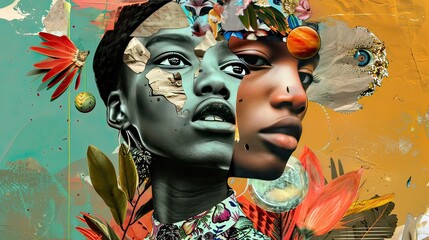 Surreal digital collage of multicultural characters, dream-like elements and mixed textures, bold and imaginative