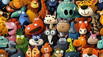 Cartoon silly animals collage, wide variety of obvious animals that a child would think are fun