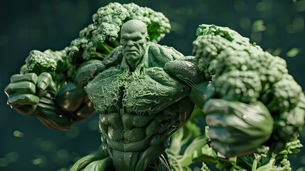 Create an image of a figure muscle man composed entirely of green vegetables, primarily broccoli, with a highly detailed and muscular human-like body in an action pose that suggests strength and