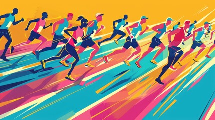 A vibrant illustration of a marathon event, showing participants sprinting towards the finish line, with ample room for text