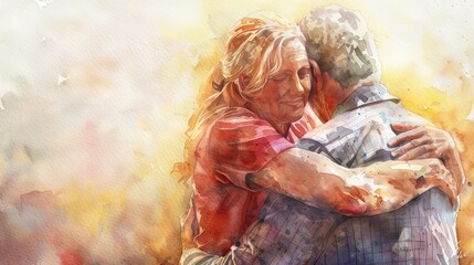 First-year students hugging parents with mixed emotions, warm sunlight, watercolor, emotional