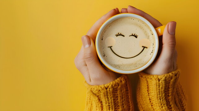 Closeup woman hands holding coffee cup with smile face drawn on coffee isolated on yellow background