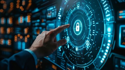 A close up of a businessman pointing at a cybersecurity icon