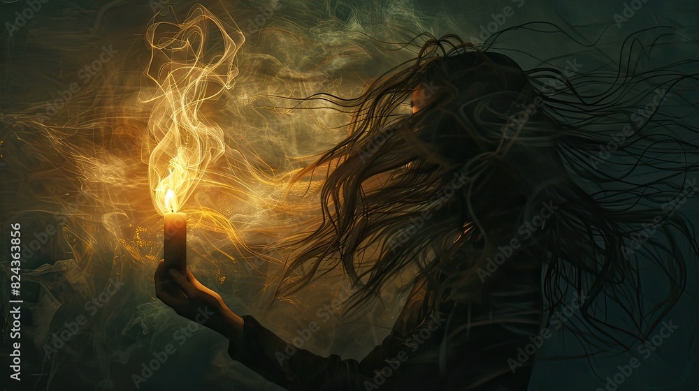Poster Create an image of a person with an obscured face, holding a candle close to their chest, which illuminates the central part of their body. The lighting should cast a warm glow and create a serene