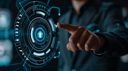 A close up of a businessman pointing at an educational technology icon