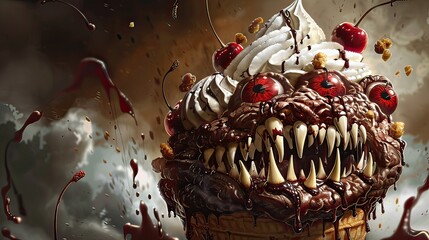 Very scary and strange illustration of a hot fudge sundae transformed into a fantastic creature. This Sundae has a mouth full of red eyes and sharp teeth, revealing himself to be a Mimic. Atop a