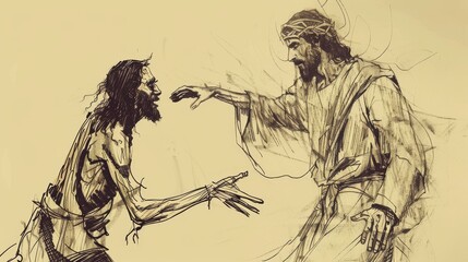 Obraz premium Biblical Illustration of Jesus Casting Out Demons from a Man in Gadara, Ideal for article