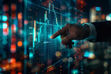 A close up of a businessman pointing at an investment graph icon