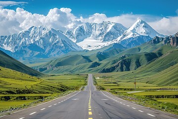 Fototapeta premium Snow capped mountains and grassland pastures