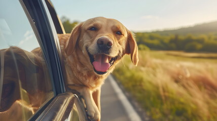 Dog travel by car, enjoying road trip