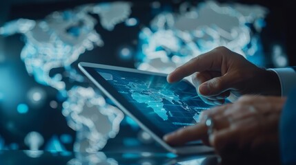 A close up of a businessman using a tablet with a global logistic network distribution map