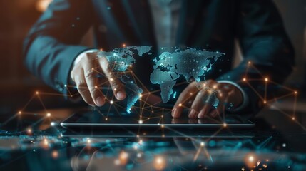 A close up of a businessman using a tablet with a global logistic network distribution map