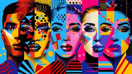 Pop art portrait series of diverse LGBT faces with bold, contrasting colors and patterns