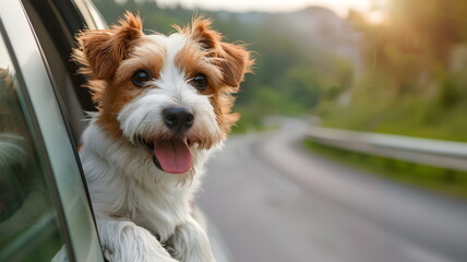Dog travel by car, enjoying road trip