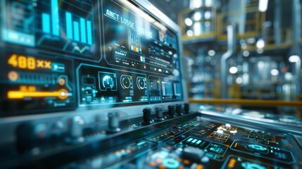 Obraz premium A close up of a control panel in a smart factory, displaying real time data on a hi tech HUD hologram, giving a high tech concept feel, with a blurry background for added depth