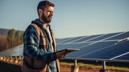 Technician holding a digital tablet standing by solar grid at solar farm 