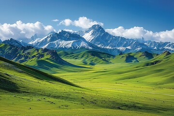 Obraz premium Snow capped mountains and grassland pastures