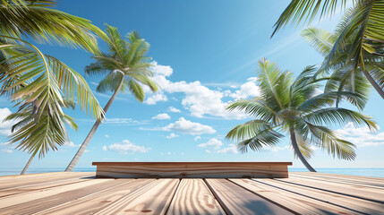 An elegant wooden podium set against a clear blue sky and gently swaying palm trees on a sunny beach