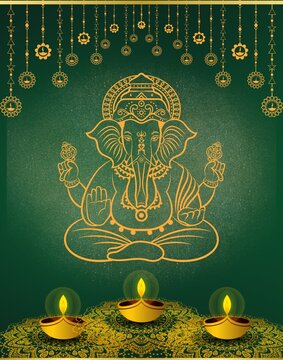Lord Ganesh Wall Art in Green and Yellow Gold - Perfect for Diwali & Ganesh Festival Spiritual Spaces