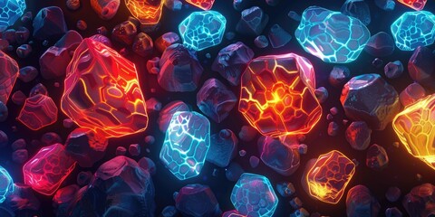A dark background with glowing neon rocks of different shapes and sizes floating in the air,...
