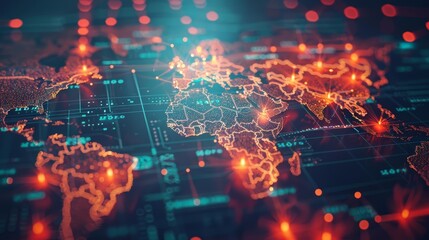 Fototapeta premium A close up of a glowing digital world map with interconnected points and lines, representing global connectivity and data networks, against a dark background