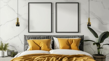 Frame mockup, modern home bedroom interior, 3D render