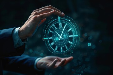 A close up of a hand in a business suit holding a holographic clock displaying the time, symbolizing time management and efficiency, against a dark background