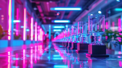 A row of trophies sits on a long table reflecting the bright neon lights of the room.