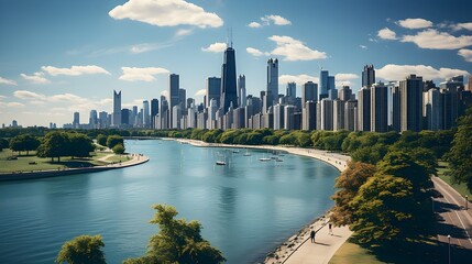 Aerial view of Chicago skyline from above, Lake Michigan and skyscrapers of downtown Chicago,...