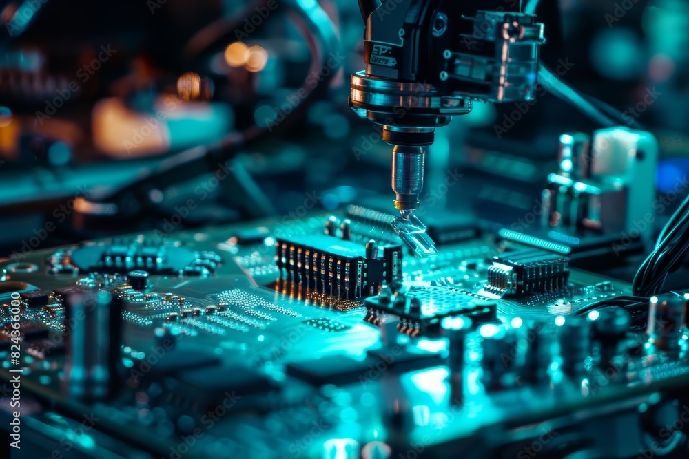 Poster a close up of a robotic arm meticulously assembling intricate electronic components