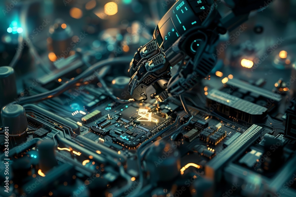 Poster a close up of a robotic arm meticulously assembling intricate electronic components