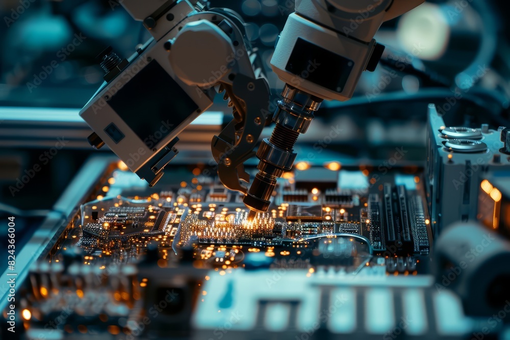 Poster a close up of a robotic arm meticulously assembling intricate electronic components