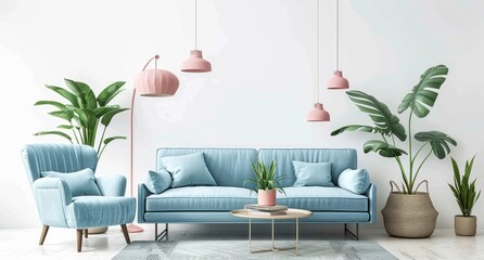 Modern interior design of a light blue sofa and armchair against a white wall, with a pink pendant lamp and a coffee table with green plants
