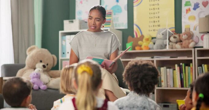 Kindergarten, teacher and reading a story to children in montessori school, classroom and learning. Kids, fairytale and woman teaching language in fantasy with creativity in preschool education