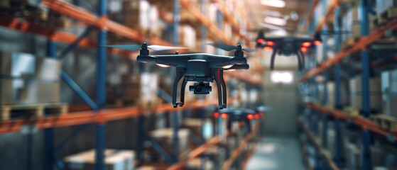 A close up of drones flying inside a warehouse for inventory management, combining a hi tech HUD concept and cinematic look, with sharp details and ample copy space
