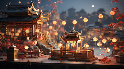 Fototapeta premium Contemporary Chinese New Year Red Lanterns Hanging Down in the style of Bokeh Panorama Traditional Modern Fusion Landscape On Blurry Background