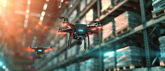 A close up of drones flying inside a warehouse for inventory management, combining a hi tech HUD concept and cinematic look, with sharp details and ample copy space