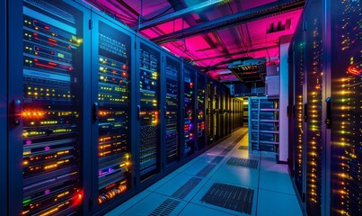 Obraz premium A high-tech server room, showcasing the hardware that supports software applications and services