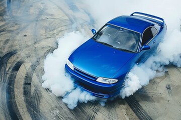 High performance sports car drifts around corner on racetrack with blank space for text