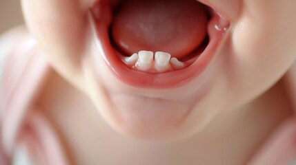 Show a close-up of a baby's mouth with their mouth full of teeth, capturing the progression from their first tooth to a mouthful of baby teeth. 