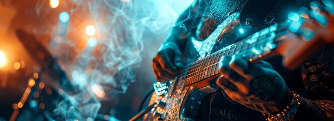 A creative strange concept picture of a musician with bioluminescent tattoos