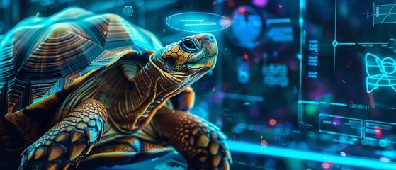 A cute charismatic closeup of a tortoise wearing a professors outfit, teaching with holographic diagrams, in a hightech classroom, Sharpen banner cinematic with copy space